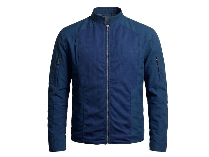 May include: A dark blue jacket with a stand-up collar and a full-length front zipper. The garment features long sleeves with zippered pockets on the upper arms and a textured fabric construction with vertical paneling across the front torso.