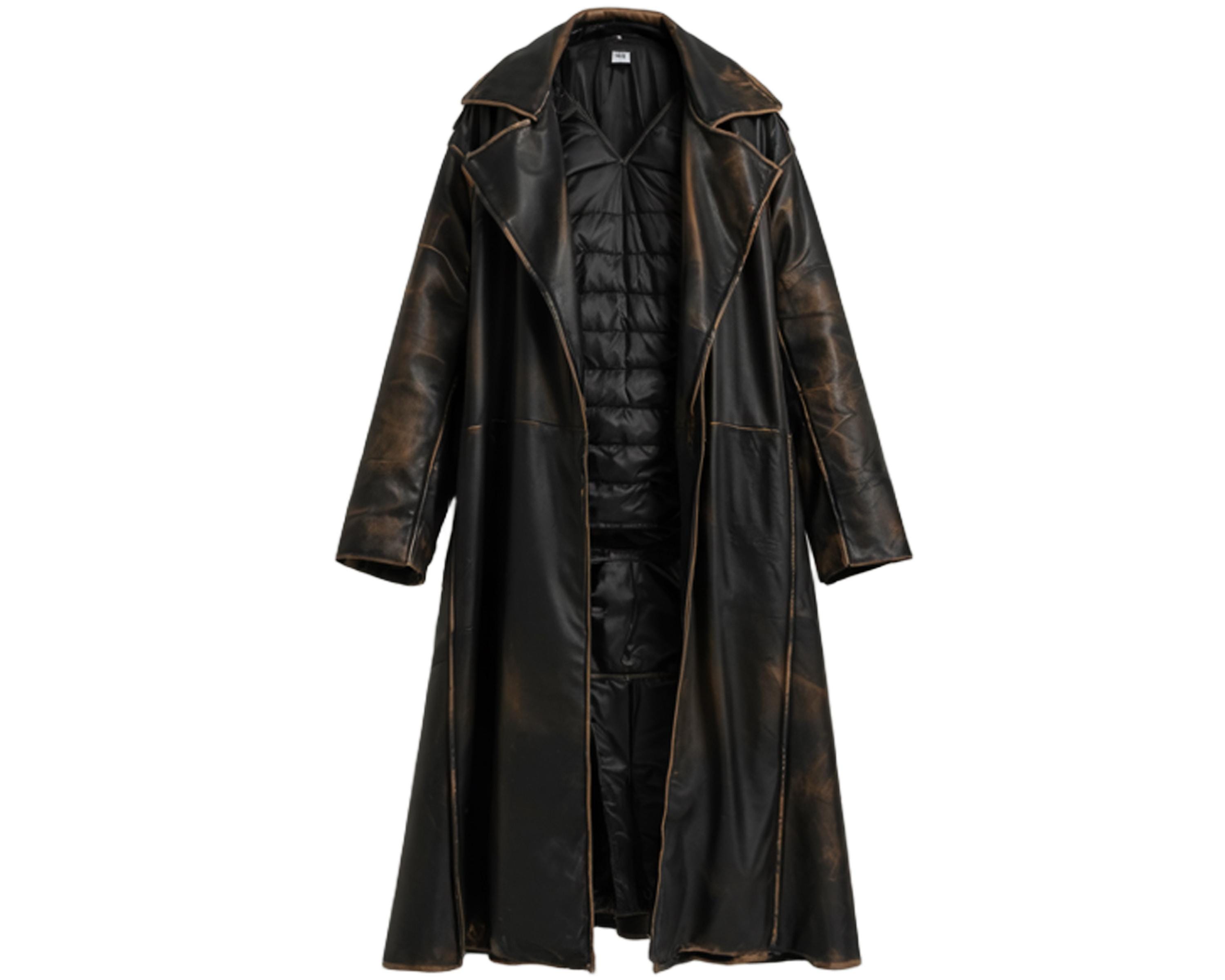 Handmade Men's Vintage Distressed Black Leather Long Trench