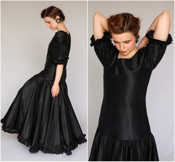 80s Silk Evening Dress / Circle Skirt Dress / Blac