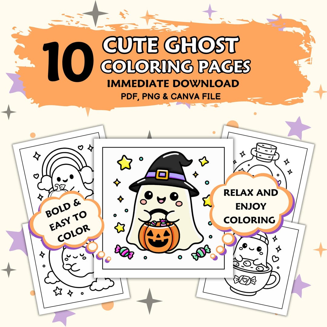 Cute Ghost Coloring Pages PDF PNG | Kawaii Halloween, Cozy Spooky ...