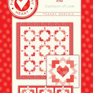 Peut inclure: Un modèle de courtepointe intitulé "Explosion of Love" par Sandy Gervais. Le modèle présente une courtepointe rouge et blanche avec un motif de cœur. Le modèle est issu de la collection "Pieces From My Heart".
