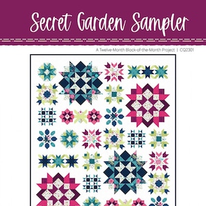 Secret Garden Sampler BOM Quilt Pattern, Cora&#39;s Quilts CQ2301, Yardage Friendly Flowers Stars Oversized Throw Quilt Pattern