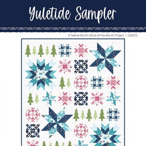 Peut inclure: Un modèle de courtepointe pour une courtepointe Yuletide Sampler, un projet de bloc du mois sur douze mois. La courtepointe présente un fond blanc avec une variété de blocs colorés, notamment des étoiles, des arbres et des flocons de neige. La courtepointe mesure 80 pouces par 92 pouces.