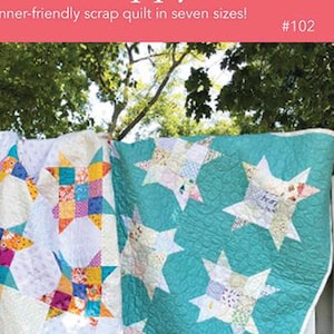 May include: A quilt pattern for a scrappy star quilt. The pattern is called "9-Patch Scrappy Stars" and is precut friendly. The quilt is shown in two versions, one with a white background and colorful stars, and the other with a turquoise background and white stars.