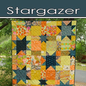 May include: A quilt pattern called "Stargazer" by Running Doe Quilts for Villa Rosa Designs. The quilt features a patchwork of colorful fabric squares with a star design in the center of each square. The quilt is hanging on a tree branch.