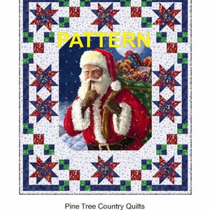 Santa Stars Panel Frame Quilt PATTERN, Pine Tree Country Quilts PT1890, Fabric Panel Friendly, Panel Frame Pattern, Christmas Quilt Pattern