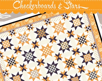 Checkerboards and Stars Quilt Pattern, Fig Tree Quilts  FTQ1466, Honeybun Friendly, Modern Star Throw Quilt Pattern, Joanna Figueroa