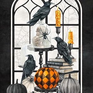 May include: A Halloween-themed panel featuring black crows, pumpkins, candles, and a skull in a glass dome. The panel size is 61cm x 109cm. The pumpkins are in various colours and patterns, including orange, black, and white. The background is a dark, textured surface.