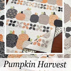 May include: A quilted blanket featuring a pumpkin harvest design. The quilt showcases various pumpkin patterns in shades of orange, gray, and black on a white background. The text "Pumpkin Harvest" is displayed at the bottom.