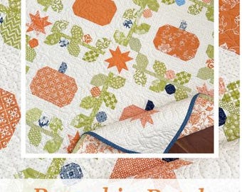 Pumpkin Patch Table Topper Quilt Pattern, The Pattern Basket TPB2411, Fat Eighths F8 Yardage Friendly Autumn Fall Stars Pumpkins Pattern