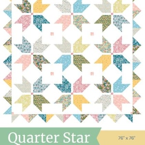 May include: A colorful quilt pattern featuring a Quarter Star design. The quilt showcases a repeating pattern of star shapes in shades of pink, blue, yellow, and green, with a white background. The quilt measures 76 inches by 76 inches.