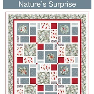 May include: A rectangular quilt titled Nature's Surprise measuring 68 inches by 85 inches. The design features a patchwork pattern of red cardinals, floral motifs, and wreaths in shades of red, white, gray, and green, framed by a floral border.
