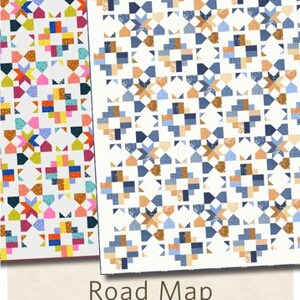 May include: Two quilts with a geometric pattern in shades of blue, orange, and white. The quilts are labeled "Road Map" and are designed by Doug Leko. The topper size is 109 cm x 109 cm, the throw is 152 cm x 196 cm, and the king size is 196 cm x 239 cm.
