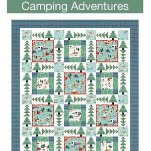 May include: A patchwork quilt with a camping theme. The quilt features squares with camping scenes, trees, and a blue plaid border. The quilt measures 63 inches by 79 inches.