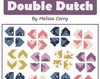 Double Dutch Quilt Pattern, Happy Quilting HQ136, Fat Eighths Quarters F8 FQ Friendly Pinwheels Baby Lap Throw Twin Queen Bed Quilt Pattern