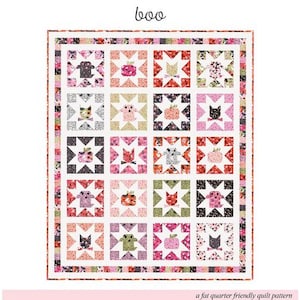 May include: A colorful Halloween-themed quilt pattern featuring various spooky designs. The quilt showcases blocks with cats, pumpkins, and ghosts, set against a white background. The word "boo" is written in the center. The quilt is a fat quarter friendly quilt pattern.