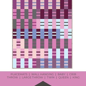 May include: A quilt pattern titled RUBY SUE by Brittany Lloyd. The design features a grid of vertical and horizontal rectangles in shades of purple, pink, blue, and gray. Text includes sizes from placemats to king, and Lo & Behold Stitchery branding.