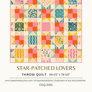 May include: A patchwork quilt with a star design, featuring squares of orange, pink, yellow, and teal fabrics. The quilt measures 164 x 194 cm. The text "STAR-PATCHED LOVERS" is displayed.