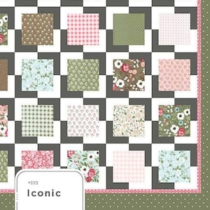 May include: A quilt pattern called "Iconic" from Lella Boutique by Vanessa Goertzen. The pattern features a checkerboard design with various floral and geometric prints in shades of pink, green, brown, and white.