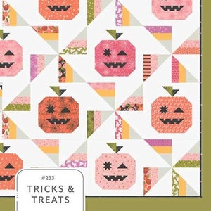 May include: A quilting pattern featuring a white background with a repeating pattern of orange, pink, and green jack-o'-lantern faces. The pattern is titled "#233 Tricks & Treats" and is by "Lella Boutique by Vanessa Goertzen".