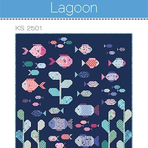 May include: A quilt pattern named "Lagoon" with a navy blue backdrop, showcasing geometric fish and aquatic plants in vibrant colours. The design includes the text "Lagoon" and the designer's name, "Kate Spain."