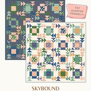 May include: A quilt pattern design by Copper Kettle Quilt Company. The design features two quilt examples with geometric patterns in shades of blue, green, orange, and pink. The text "SKYBOUND" and "RUNNER, BABY, SMALL & LARGE THROW" are displayed.