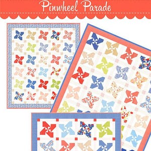 May include: Three colorful pinwheel quilts in various sizes. The quilts feature a repeating pinwheel pattern in red, blue, green, and peach on a white background. The text "Pinwheel Parade" is at the top.