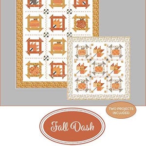 May include: A quilting pattern design featuring two quilt projects with pumpkin and leaf motifs. The design includes the text "a Quilting Life Designs by Sherri McConnell" and "Fall Dash". The quilts have a cream background with orange, brown, and gold accents.