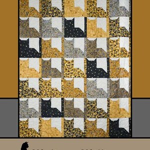 May include: A quilt pattern titled Feline Friends by Melissa Milligan for Villa Rosa Designs. The quilt features a grid of cat silhouettes in various gold, black, and gray patterned fabrics against a white background, with a cat icon at the bottom.