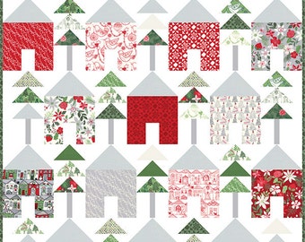 Chalet Quilt Pattern, Kate Spain KS1605, Layer Cake Friendly, Christmas Xmas Trees Winter Quilt Pattern, Trees Houses Quilt Pattern