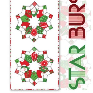 May include: A vertical design featuring three starburst patterns with red, green, and white Christmas-themed fabric. The stars have snowman, candy cane, and snowflake patterns. The words "STAR BURST" are printed vertically in red and green.