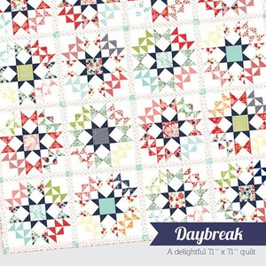 May include: A quilt titled "Thimble Blossoms" by Camille Roskelley, featuring a repeating star pattern in red, white, blue, green, and orange. The quilt is 71" x 71" and labeled "Daybreak".