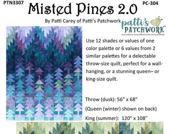Misted Pines 2.0 Quilt Pattern, Patti's Patchwork PC-304, Monochromatic Trees Mountains Quilt Pattern, Throw Queen King Quilt Pattern