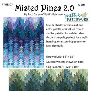 Misted Pines 2.0 Quilt Pattern, Patti's Patchwork PC-304, Monochromatic Trees Mountains Quilt Pattern, Throw Queen King Quilt Pattern