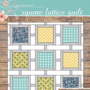 May include: A square lattice quilt pattern featuring a grid of fabric squares with various prints including yellow polka dots, teal triangles, green geometric circles, and dark blue text reading HEY HELLO. The design includes white and gray dotted borders.