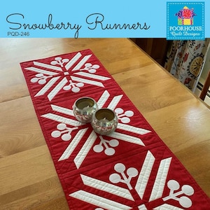 May include: A red and white quilted table runner with a snowflake design. The runner, measuring 13.5 inches by 40 inches, features white snowflake patterns on a red background. Two silver candle holders sit on the runner, which is on a wooden table.