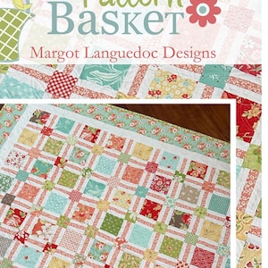 May include: A quilt pattern called "Berry Jam" by Margot Languedoc Designs. The quilt is made with a variety of colorful fabrics in shades of red, pink, green, blue, and yellow. The quilt is made in a patchwork style with squares and rectangles. The quilt is shown folded on a wooden floor.