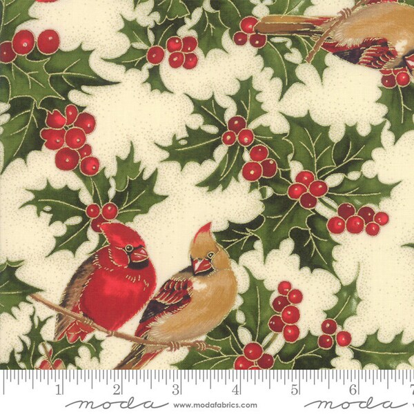 Cardinals on Cream Christmas Fabric w/ Gold  Metallic Accents, Cardinal Song, Moda 33422 11M, Xmas Christmas Fabric, One 1 Yard Cut Bty