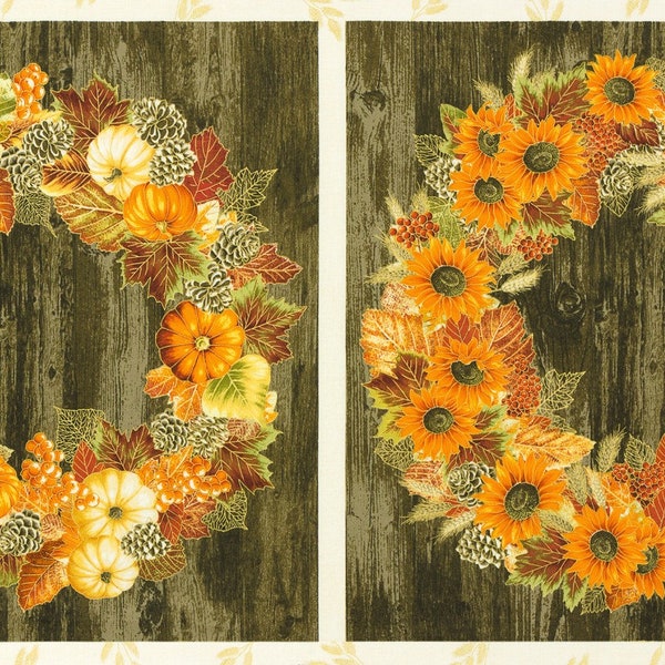 LAST CALL - Autumn Beauties Fabric Panel, SRKM19314191, 24" x 44" Autumn Fall Wreaths with Gold Metallic Accents Fabric, Robert Kaufman