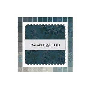 May include: A square fabric charm pack featuring a collection of blue and teal patterned squares arranged in a grid. A white paper band across the center displays the black text MAYWOOD STUDIO with a small decorative logo in the middle.
