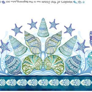 May include: A fabric panel featuring a repeating pattern of seashells and starfish in shades of blue, teal, and green. The design includes intricate details and a wave-like background, with the text "Wonders of the Ocean" at the top.
