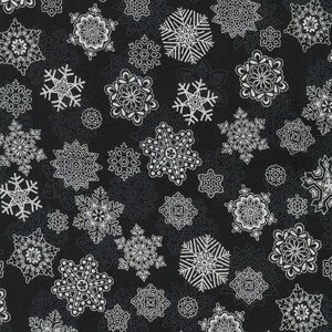 LAST CALL Holiday Flourish Snow Flowers - Black Silver Metallic Snowflakes Fabric, Robert Kaufman SRKM-21603-181 Onyx, By the Yard
