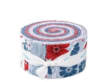 American Beauty Rolie Polie, Riley Blake RP-14440-40, Precut 2.5" Patriotic Floral Fabric Strips, Dani Mogstad