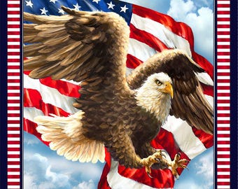 Let Freedom Ring - Liberty Eagle with Flag 36" Fabric Panel, Timeless Treasures Panel DG-CD3190 USA, American Bald Eagle Fabric Panel QOV