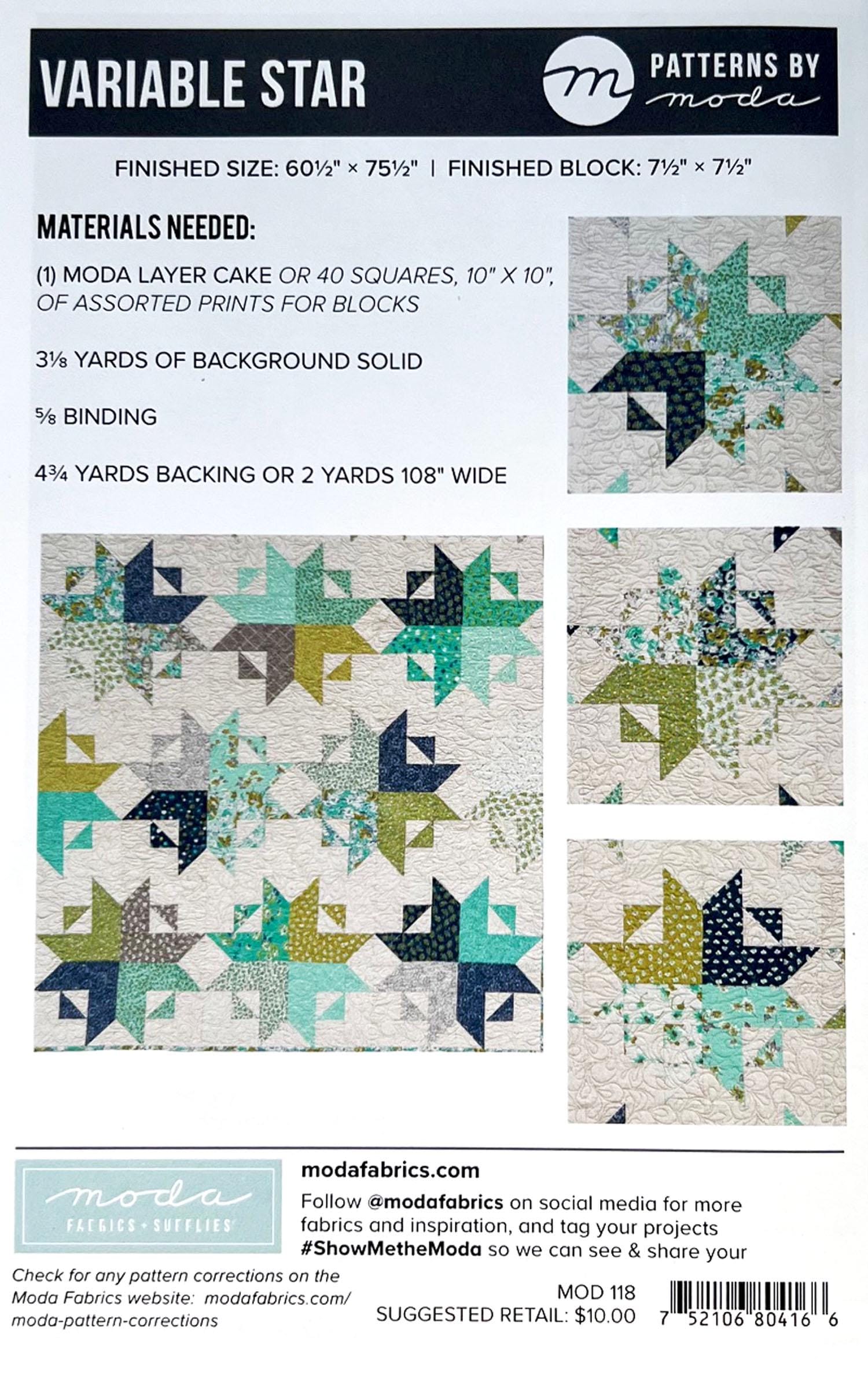 Variable Star Quilt Pattern, Moda MOD118, Layer Cake 10