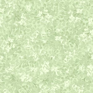 May include: A seamless pattern featuring a light green background with a dense arrangement of white and light green floral elements. The design includes small, five-petal flowers and various leaf shapes, creating a textured, botanical aesthetic.