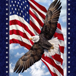 Land of the Free - American Bald Eagle with Flag 23.5" Fabric Panel, Timeless Treasures PANEL-C7448, Land of the Free USA Fabric Panel, QOV