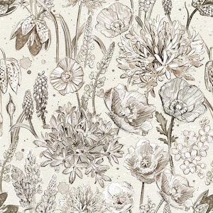 May include: A seamless pattern featuring a detailed botanical illustration of various flowers including poppies, lupines, and alliums. The design is rendered in shades of brown and beige with a sketch-like aesthetic on a light background.