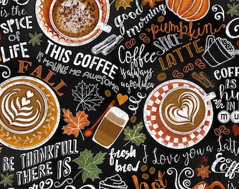 Rise and Grind - Pumpkin Spiced Latte Autumn Fall Coffee Themed Fabric, Timeless Treasures GAIL-C7034, By the Yard