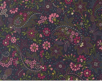 Chelsea Garden - Pink Floral Paisley on Navy Blue Fabric, Moda 33854 19 Midnight, Bohemian Flare Paisley, By the Yard